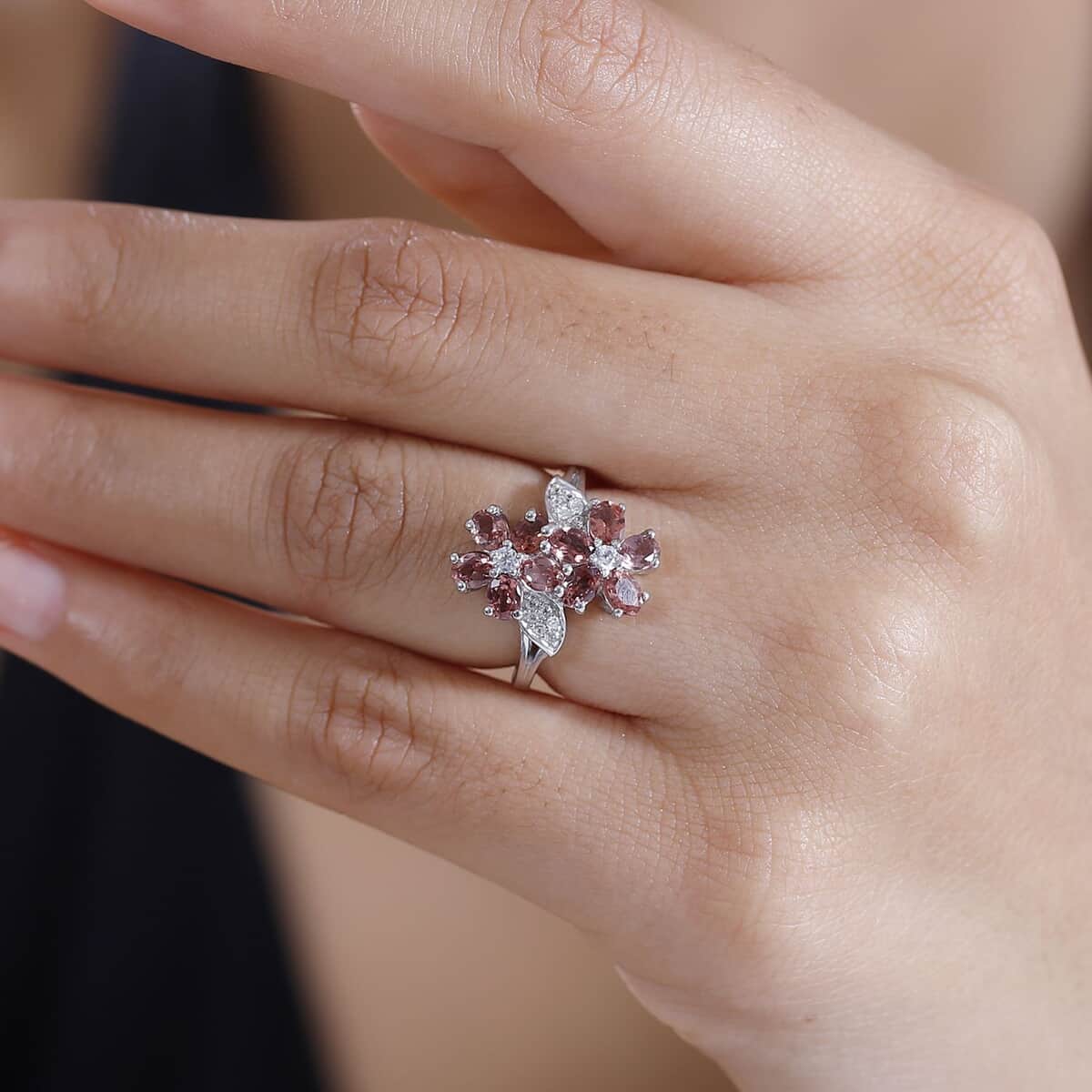 Premium Tanzanian Blush Garnet and White Zircon 2.35 ctw Bypass Floral Ring in Rhodium Over Sterling Silver image number 2