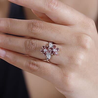 Premium Tanzanian Blush Garnet and White Zircon 2.35 ctw Bypass Floral Ring in Rhodium Over Sterling Silver (Size 10.0)