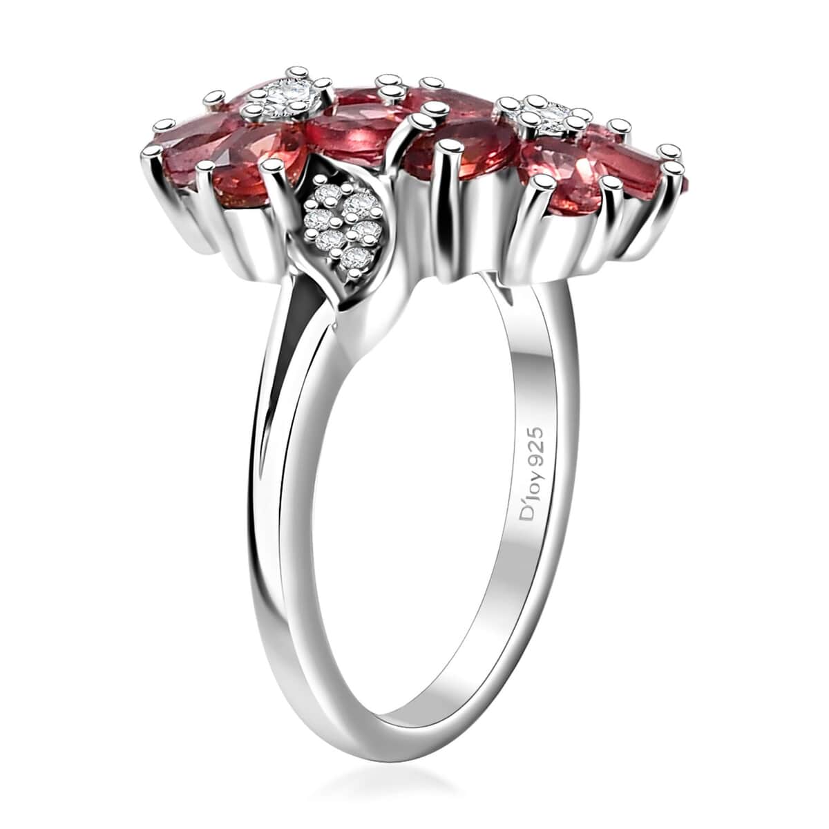 Premium Tanzanian Blush Garnet and White Zircon 2.35 ctw Bypass Floral Ring in Rhodium Over Sterling Silver image number 3