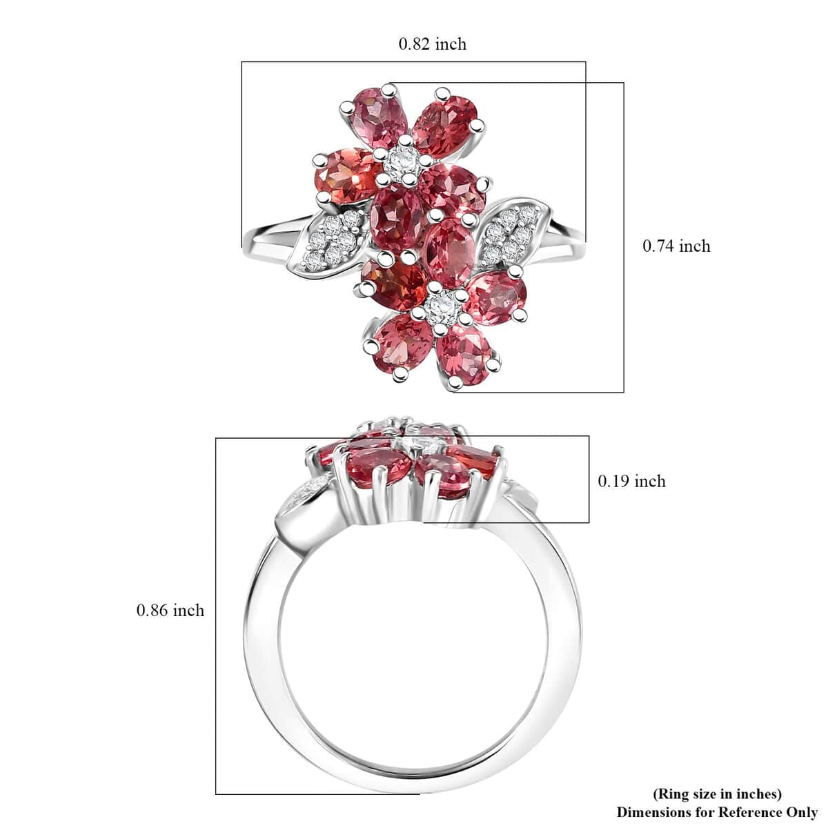 Premium Tanzanian Blush Garnet and White Zircon 2.35 ctw Bypass Floral Ring in Rhodium Over Sterling Silver image number 5