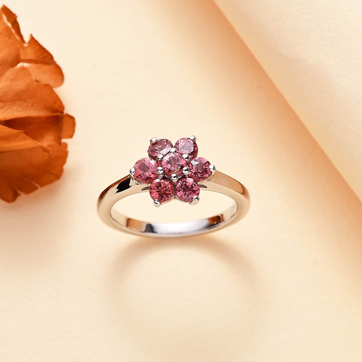 Tanzanian Blush Garnet 1.10 ctw Floral Ring in Rhodium Over Sterling Silver (Size 7.0)  image number 1