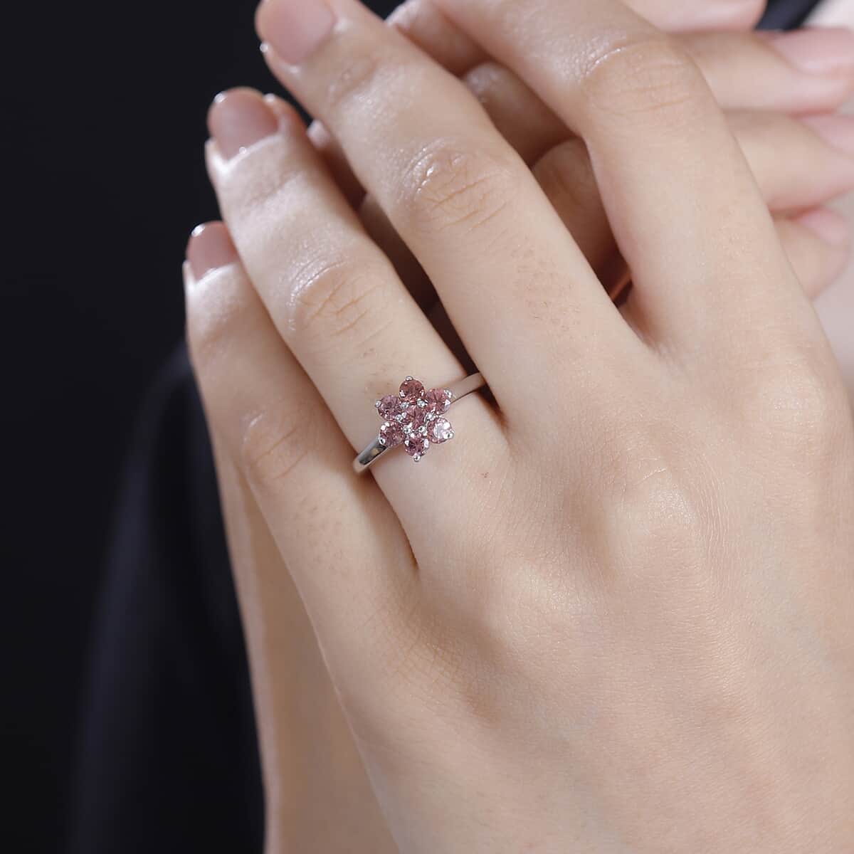 Tanzanian Blush Garnet 1.10 ctw Floral Ring in Rhodium Over Sterling Silver (Size 7.0)  image number 2