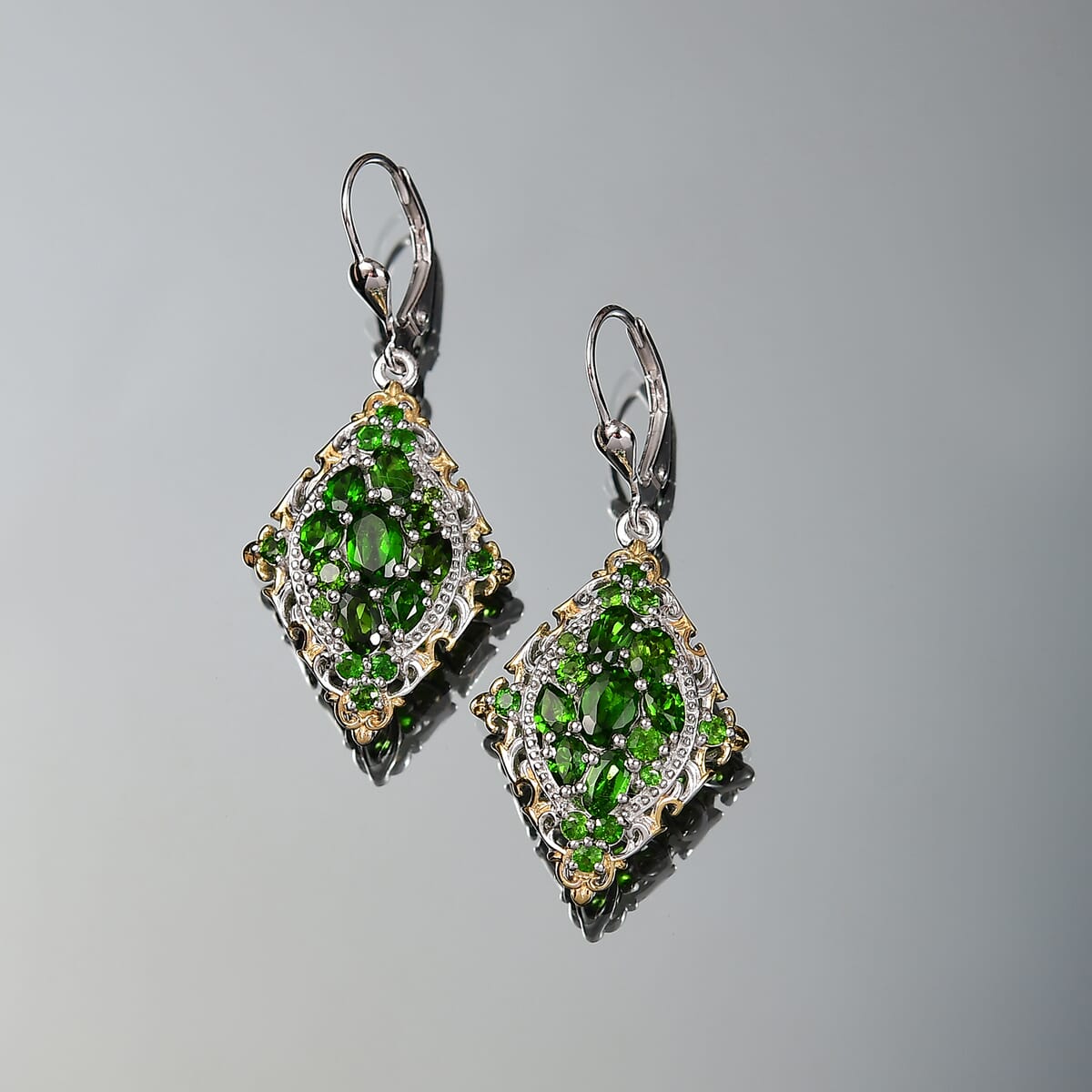 D'Joy Chrome Diopside 4.35 ctw Art Nouveau Earrings in 18K Vermeil YG and Rhodium Over Sterling Silver image number 1