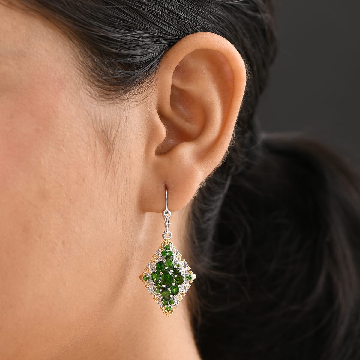 D'Joy Chrome Diopside 4.35 ctw Art Nouveau Earrings in 18K Vermeil YG and Rhodium Over Sterling Silver image number 2