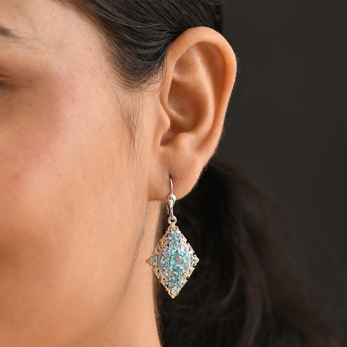 D'Joy Betroka Blue Apatite 4.90 ctw Art Nouveau Earrings in 18K Vermeil YG and Rhodium Over Sterling Silver image number 2