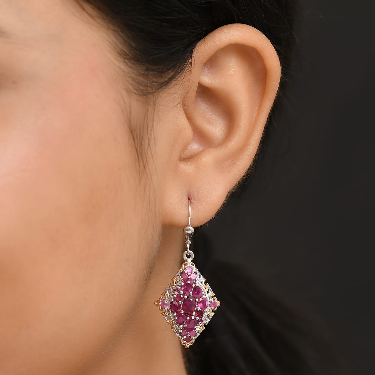 D'Joy Niassa Ruby (FF) 5.85 ctw Art Nouveau Earrings in 18K Vermeil YG and Rhodium Over Sterling Silver image number 2