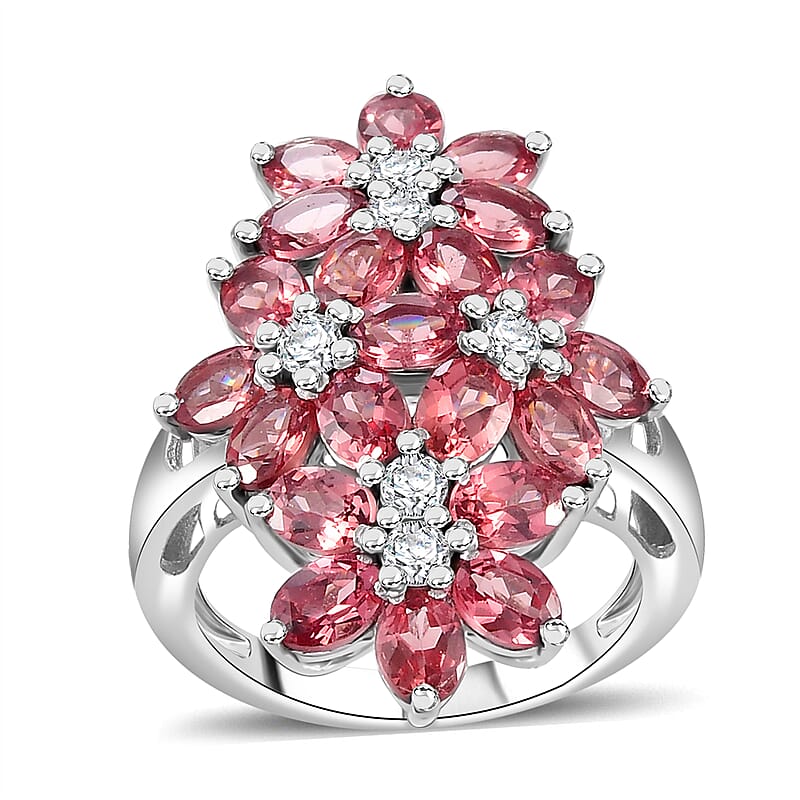 D'Joy Tanzanian Blush Garnet and Moissanite 5.00 ctw Bunch of Flower Ring in Rhodium Over Sterling Silver (Size 10.0)