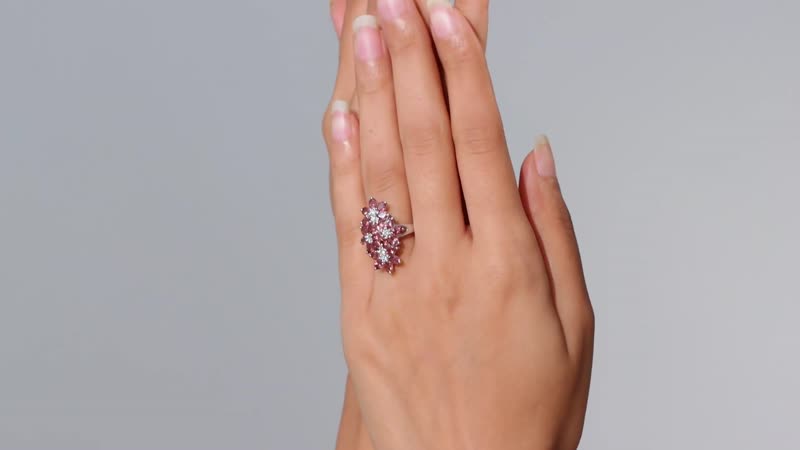 Tanzanian Blush Garnet and Moissanite 5.00 ctw Bunch of Flower Ring in Rhodium Over Sterling Silver