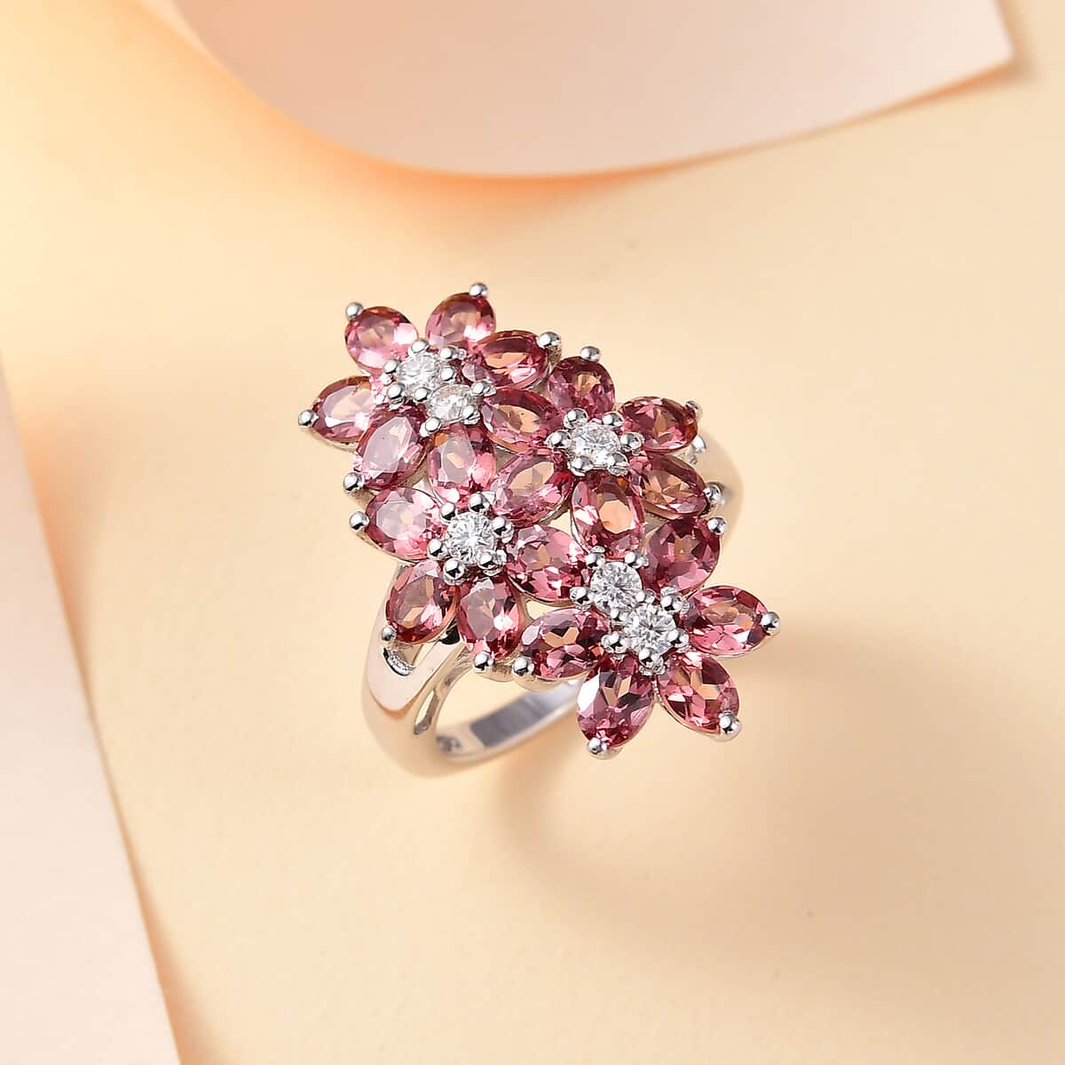 Tanzanian Blush Garnet and Moissanite 5.00 ctw Bunch of Flower Ring in Rhodium Over Sterling Silver image number 1