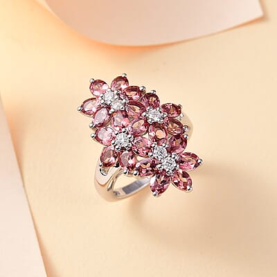 D'Joy Tanzanian Blush Garnet and Moissanite 5.00 ctw Bunch of Flower Ring in Rhodium Over Sterling Silver (Size 10.0)