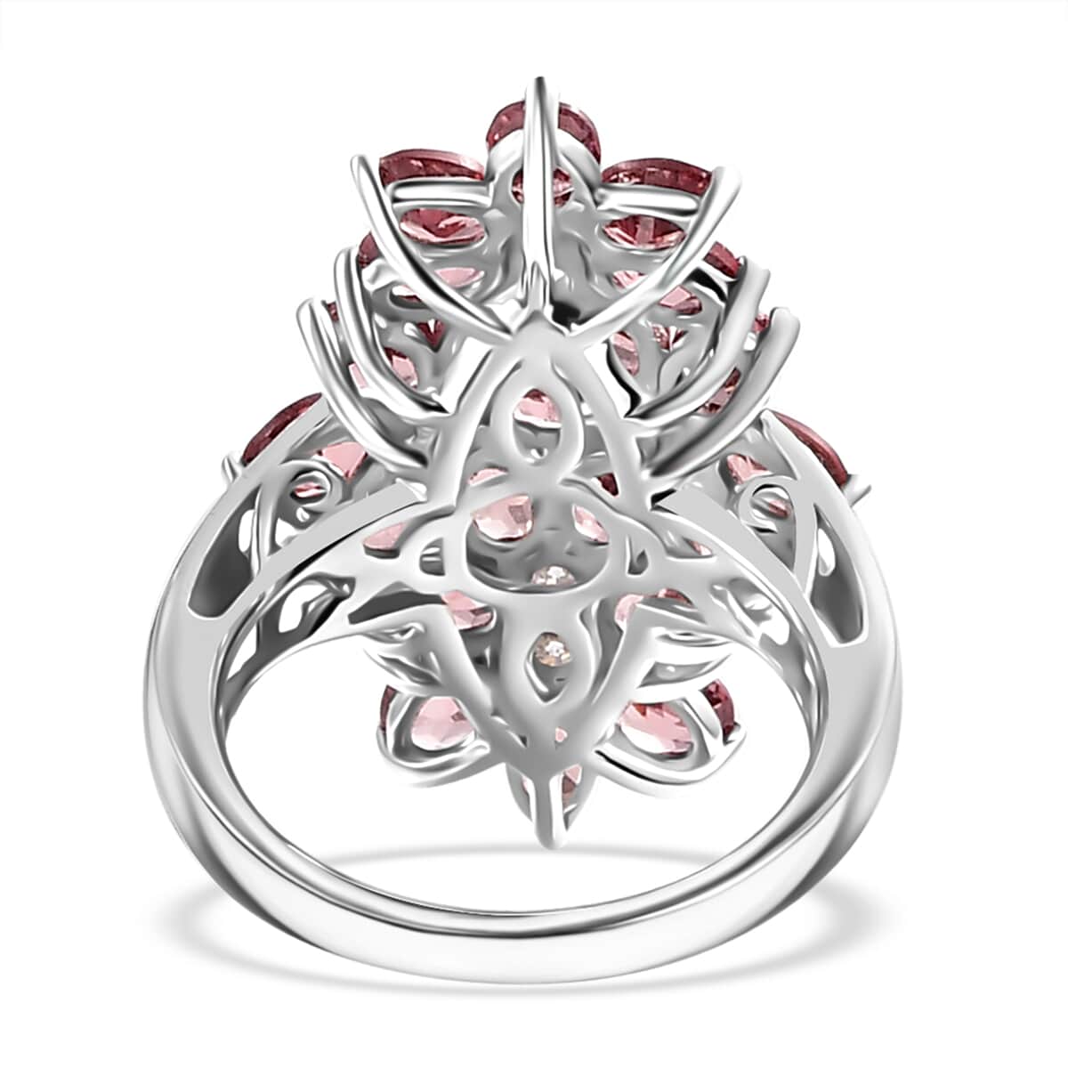 Tanzanian Blush Garnet and Moissanite 5.00 ctw Bunch of Flower Ring in Rhodium Over Sterling Silver image number 4