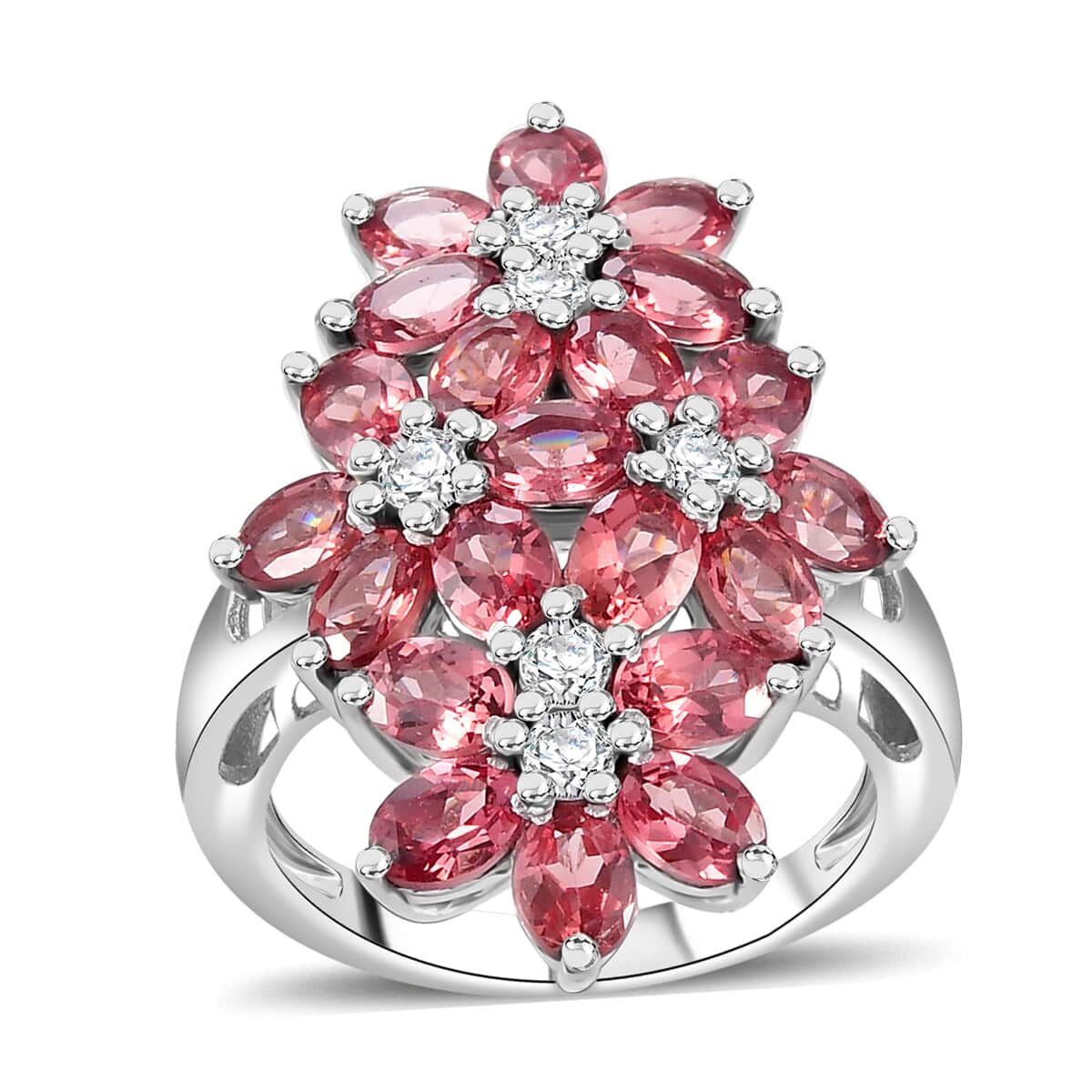 Tanzanian Blush Garnet and Moissanite 5.00 ctw Bunch of Flower Ring in Rhodium Over Sterling Silver (Size 7.0) image number 0