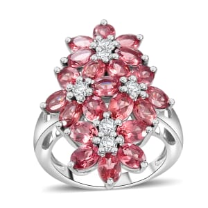 Tanzanian Blush Garnet and Moissanite 5.00 ctw Bunch of Flower Ring in Rhodium Over Sterling Silver (Size 7.0)