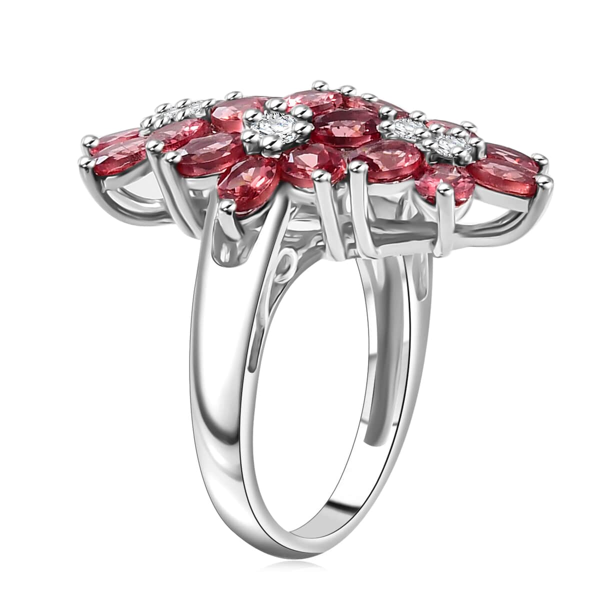 Tanzanian Blush Garnet and Moissanite 5.00 ctw Bunch of Flower Ring in Rhodium Over Sterling Silver (Size 7.0) image number 3