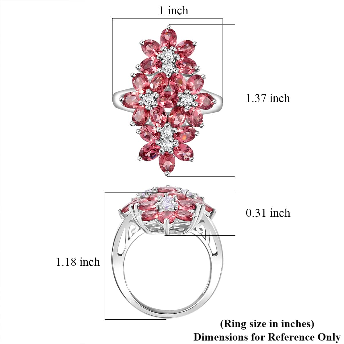 Tanzanian Blush Garnet and Moissanite 5.00 ctw Bunch of Flower Ring in Rhodium Over Sterling Silver (Size 7.0) image number 5