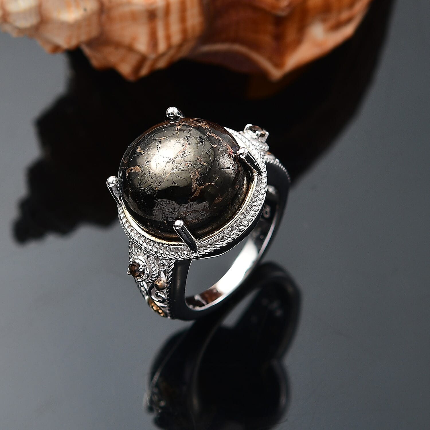 Matrix Silver Shungite and Smoky Quartz 15.10 ctw Ring 18K YG and Platinum Bond Over Copper with Magnet (Size 10.0)