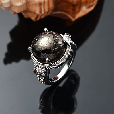 Matrix Silver Shungite and Smoky Quartz 15.10 ctw Ring 18K YG and Platinum Bond Over Copper with Magnet (Size 10.0)