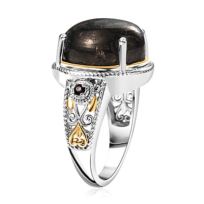Matrix Silver Shungite and Smoky Quartz 15.10 ctw Ring 18K YG and Platinum Bond Over Copper with Magnet (Size 10.0)