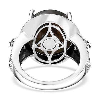 Matrix Silver Shungite and Smoky Quartz 15.10 ctw Ring 18K YG and Platinum Bond Over Copper with Magnet (Size 10.0)