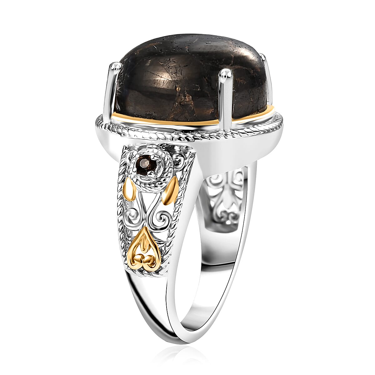 Matrix Silver Shungite and Smoky Quartz 15.10 ctw Ring 18K YG and Platinum Bond Over Copper with Magnet (Size 5.0) image number 3
