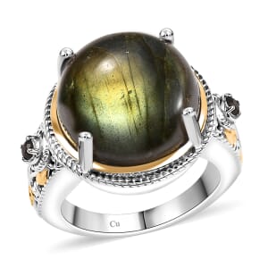 Malagasy Labradorite and Brazilian Smoky Quartz 15.20 ctw Ring 18K YG and Platinum Over Copper with Magnet (Size 8.0)