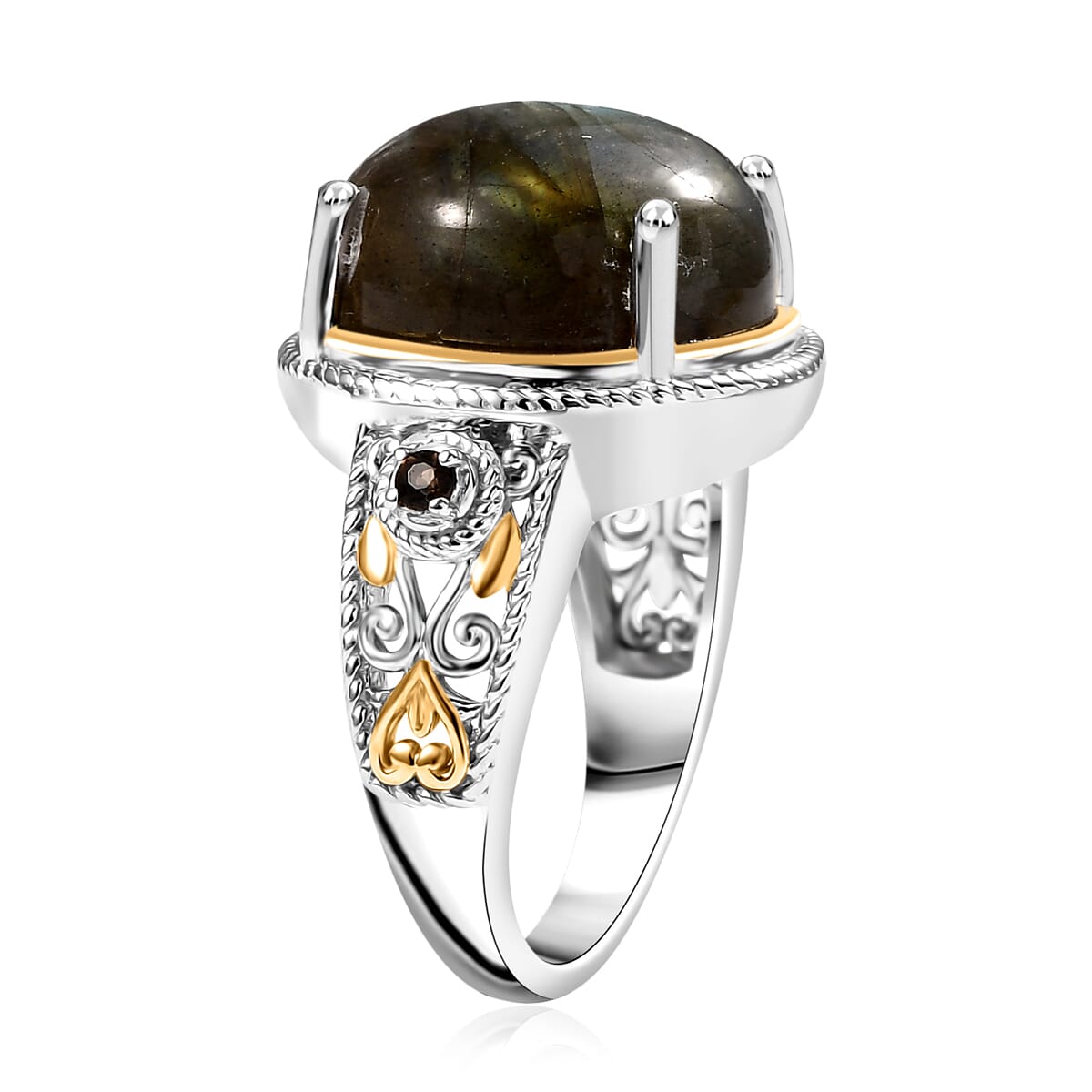 Malagasy Labradorite and Brazilian Smoky Quartz 15.20 ctw Ring 18K YG and Platinum Over Copper with Magnet (Size 8.0) image number 3
