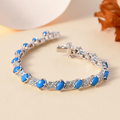 D'Joy Ceruleite and White Zircon 7.65 ctw Leaf Garland Bracelet in Rhodium Over Sterling Silver (7.25 In)