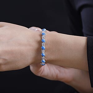 D'Joy Ceruleite and White Zircon 7.65 ctw Leaf Garland Bracelet in Rhodium Over Sterling Silver (7.25 In)