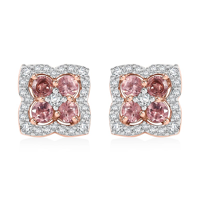 Tanzanian Blush Garnet and White Zircon 1.15 ctw Petal Sparkle Earrings in 18K Vermeil Rose Gold Over Sterling Silver