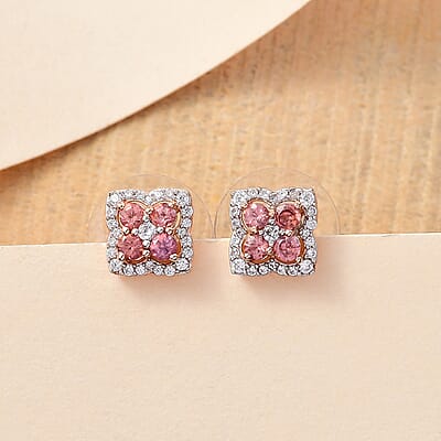 Tanzanian Blush Garnet and White Zircon 1.15 ctw Petal Sparkle Earrings in 18K Vermeil Rose Gold Over Sterling Silver