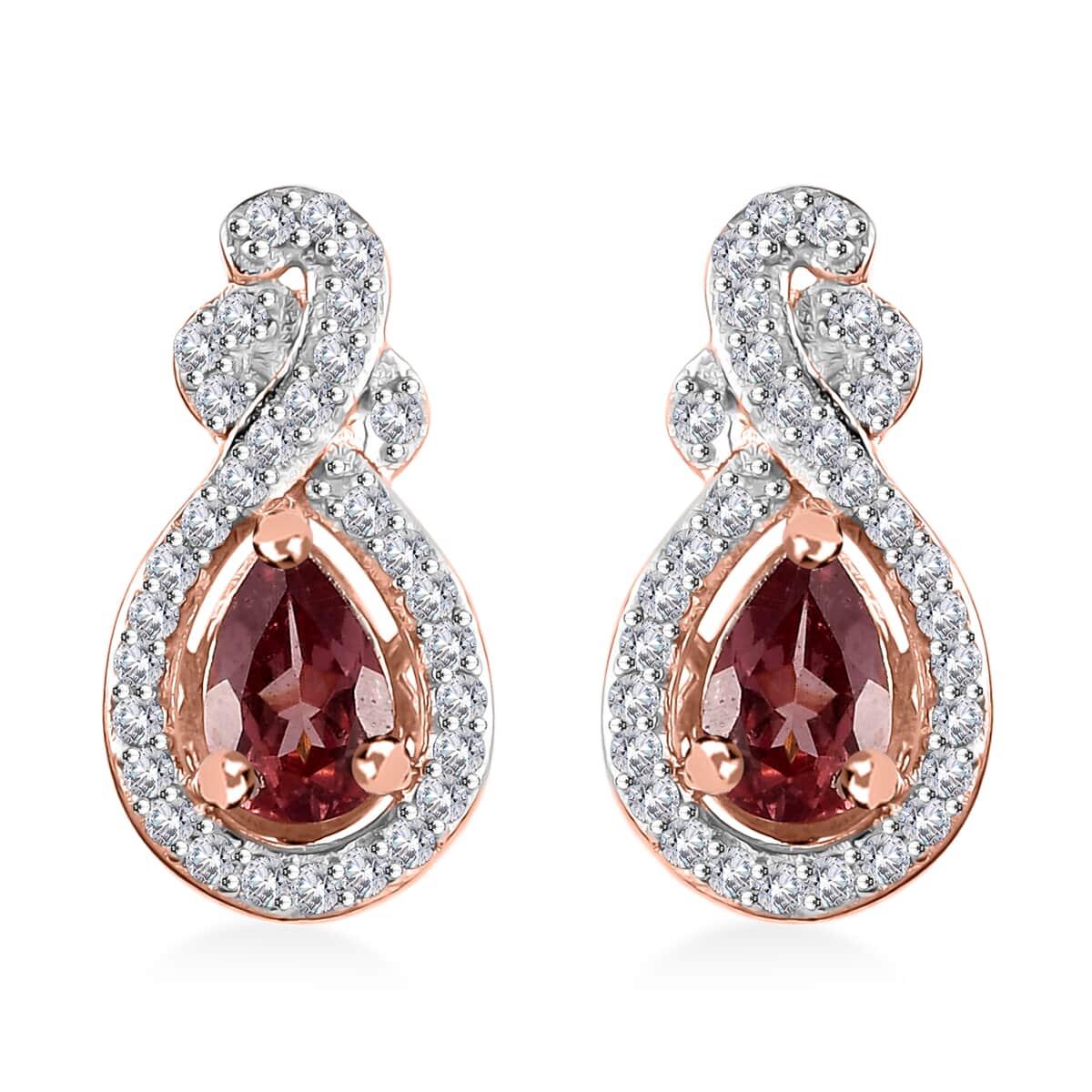 Tanzanian Blush Garnet and White Zircon 1.40 ctw Tear Drop Earrings in 18K Vermeil Rose Gold Over Sterling Silver image number 0