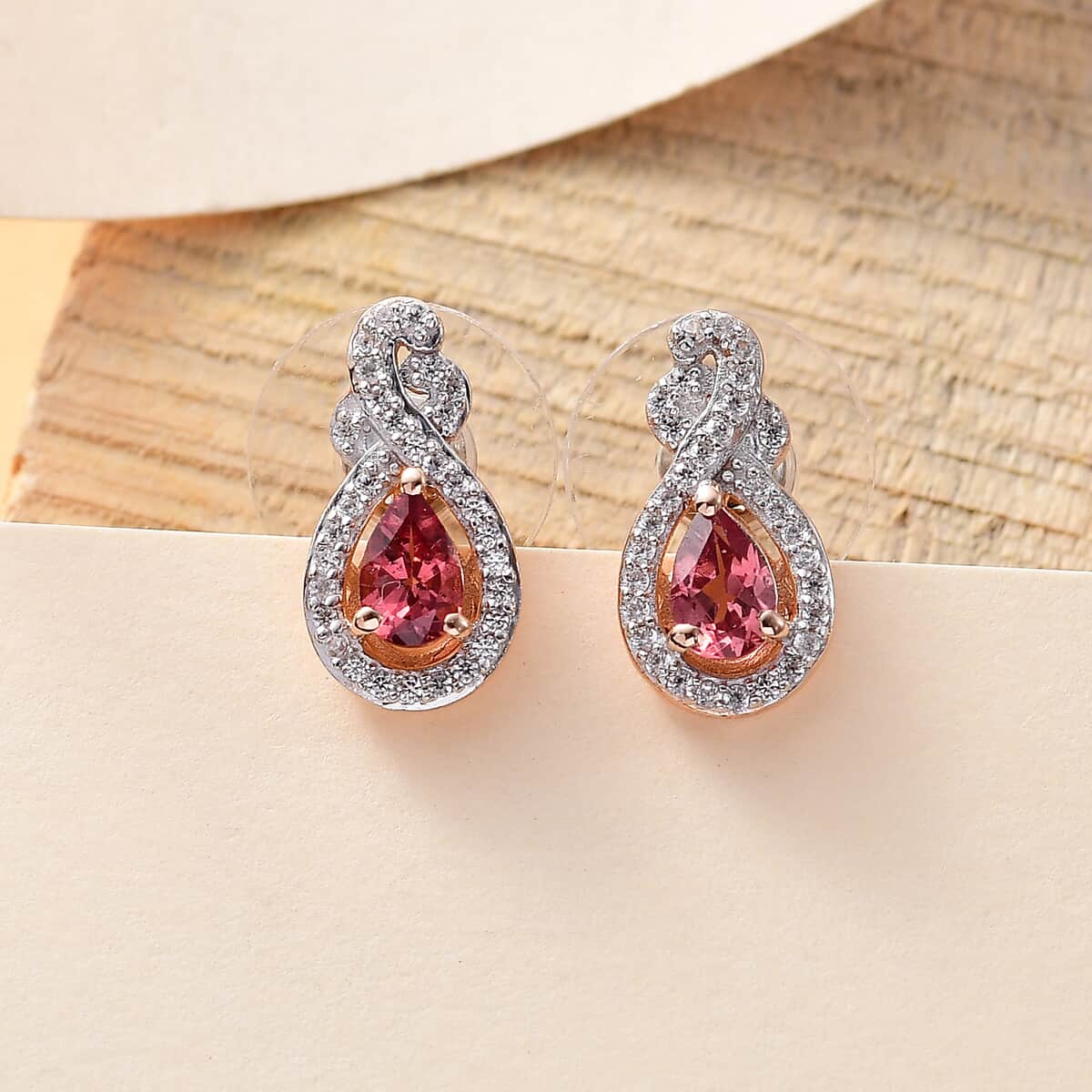 Tanzanian Blush Garnet and White Zircon 1.40 ctw Tear Drop Earrings in 18K Vermeil Rose Gold Over Sterling Silver image number 1