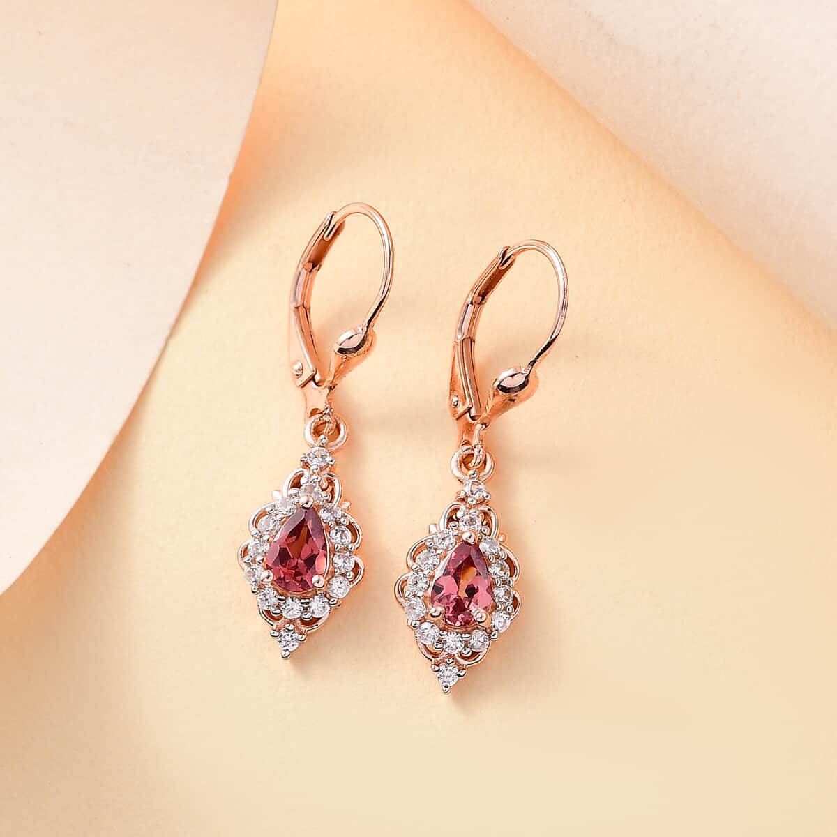 Tanzanian Blush Garnet and White Zircon 1.50 ctw Lever Back Earrings in 18K Vermeil Rose Gold Over Sterling Silver image number 1