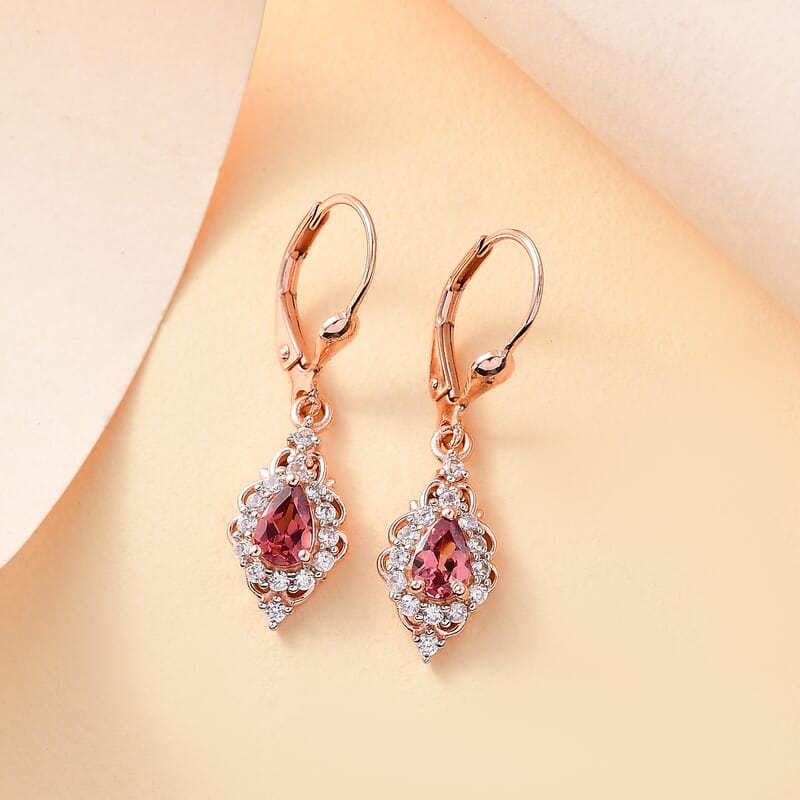 D'Joy Tanzanian Blush Garnet and White Zircon 1.50 ctw Lever Back Earrings in 18K Vermeil Rose Gold Over Sterling Silver