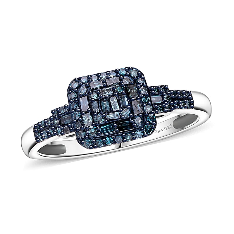 Blue Diamond 0.33 ctw Cluster Ring in Platinum Over Sterling Silver (Size 10.0)