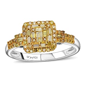 Yellow Diamond (IR) Cluster Ring in Platinum Over Sterling Silver (Size 10.0) 0.33 ctw