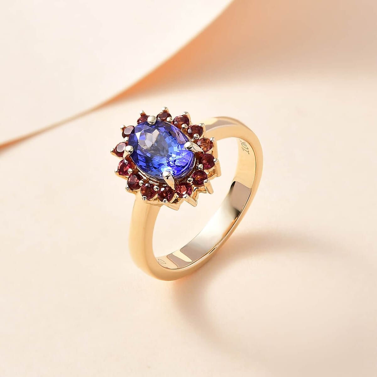 Luxoro Premium Tanzanite and Ofiki Rubellite 1.75 ctw Patriotic Pride Ring in 10K Yellow Gold (Size 8.5) image number 1
