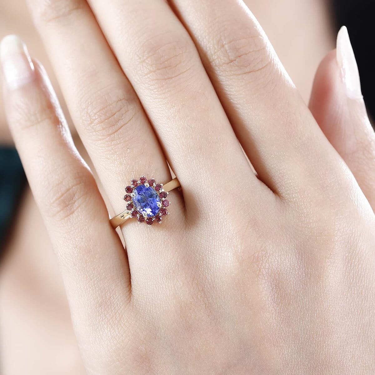 Luxoro Premium Tanzanite and Ofiki Rubellite 1.75 ctw Patriotic Pride Ring in 10K Yellow Gold (Size 8.5) image number 2