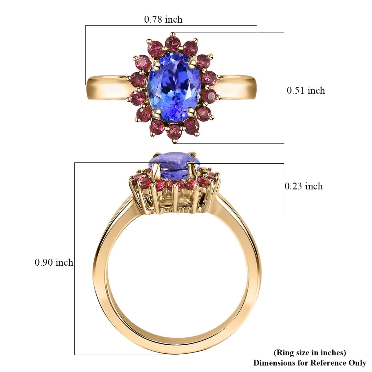 Luxoro Premium Tanzanite and Ofiki Rubellite 1.75 ctw Patriotic Pride Ring in 10K Yellow Gold (Size 8.5) image number 5