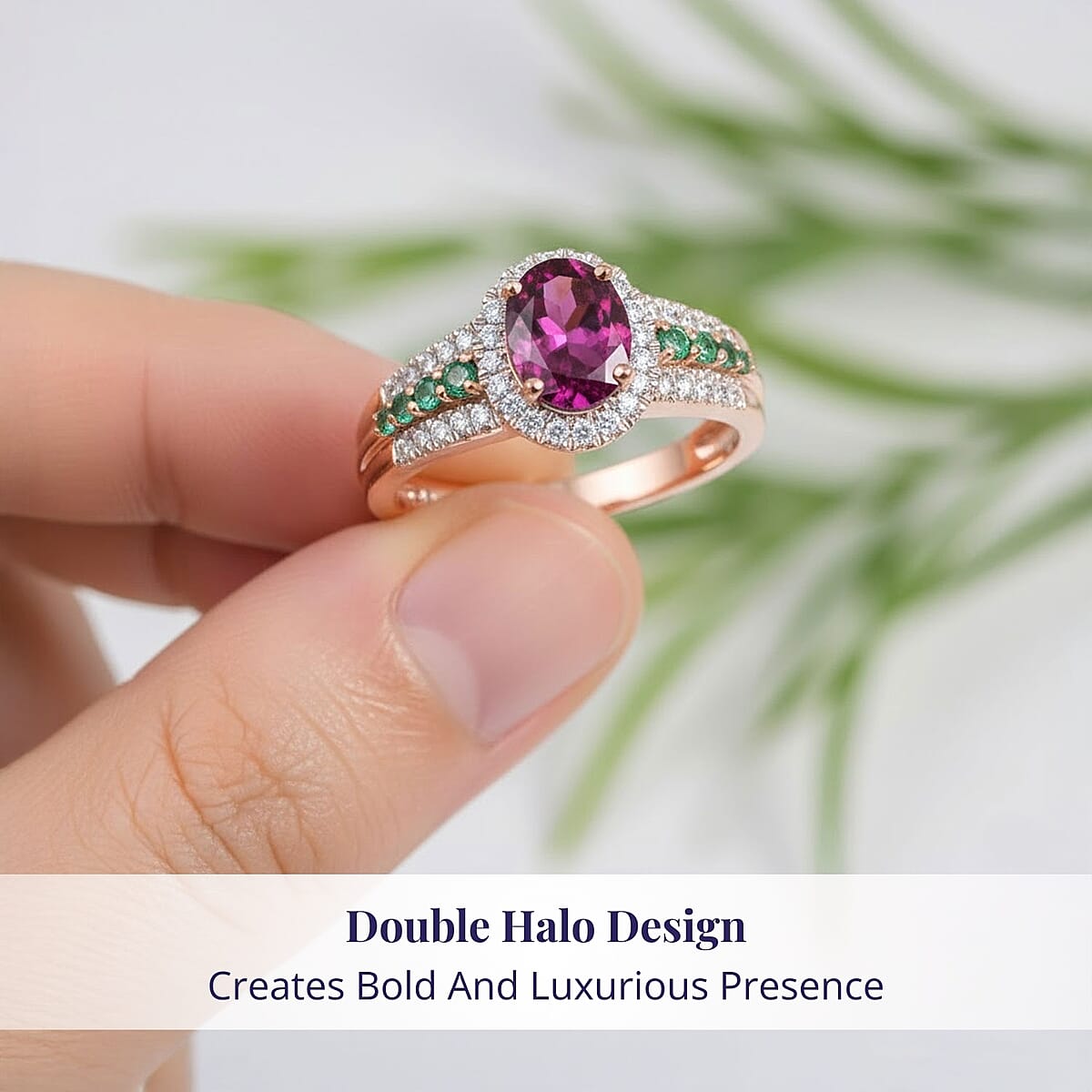 Certified & Appraised Luxoro AAA Radiant Ember Garnet, Boyaca Colombian Emerald and G-H I2 Diamond 1.93 ctw Ring in 10K Rose Gold (Size 10.5) image number 4