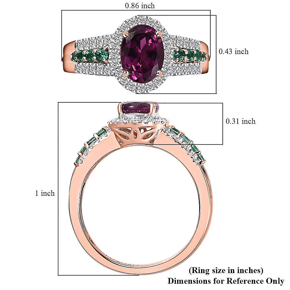 Certified & Appraised Luxoro AAA Radiant Ember Garnet, Boyaca Colombian Emerald and G-H I2 Diamond 1.93 ctw Ring in 10K Rose Gold (Size 11.0) image number 5