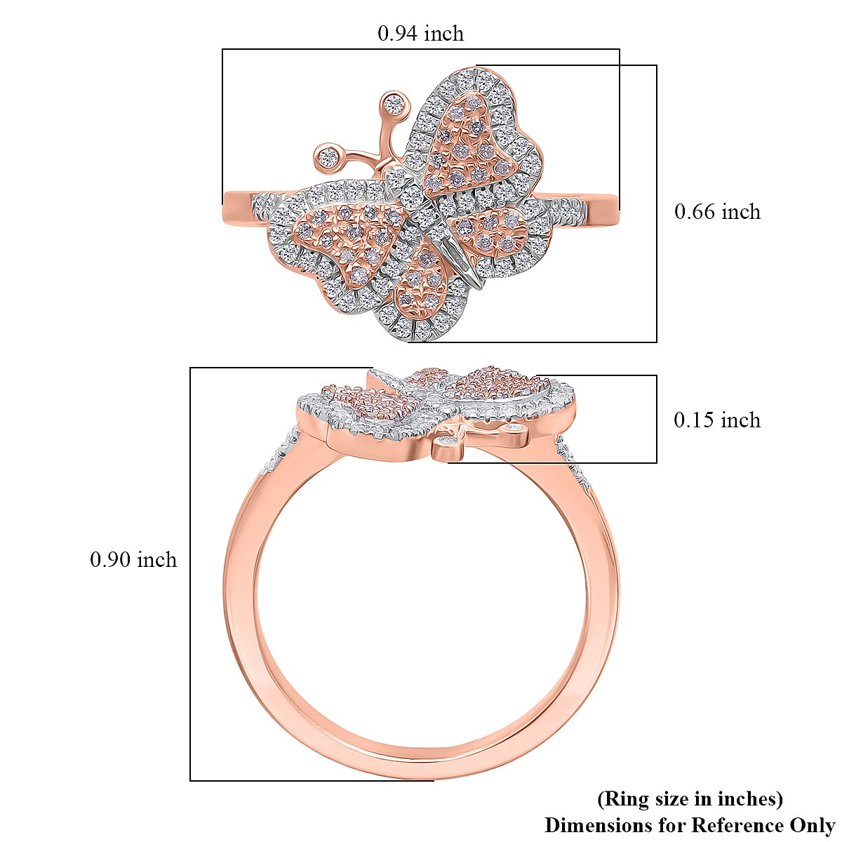 Doorbuster Natural Pink and White Diamond 0.35 ctw Butterfly Ring in Vermeil Rose Gold Over Sterling Silver (Size 10.0) image number 5