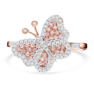 Natural Pink and White Diamond 0.35 ctw Butterfly Ring in Vermeil Rose Gold Over Sterling Silver (Size 11.0)