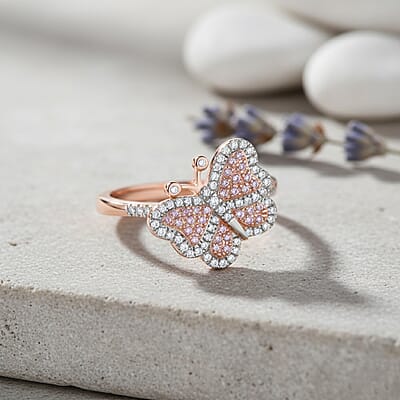 Natural Pink Diamond, White Diamond Butterfly Ring in Vermeil RG Over Sterling Silver 0.35 ctw (Size 11.0)