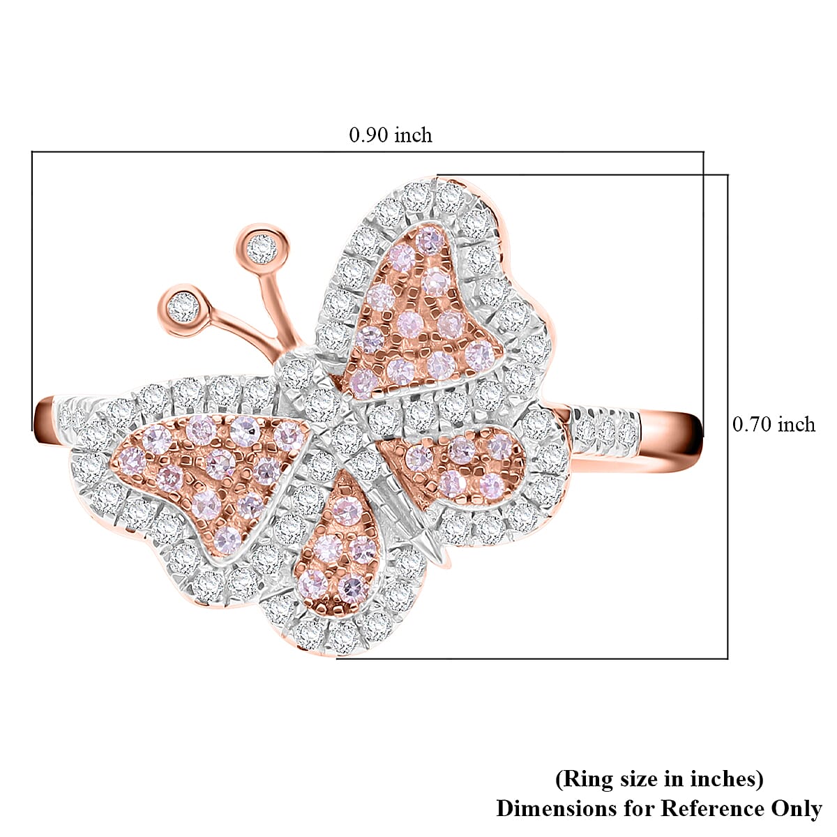 Natural Pink and White Diamond 0.35 ctw Butterfly Ring in Vermeil Rose Gold Over Sterling Silver (Size 11.0) image number 4