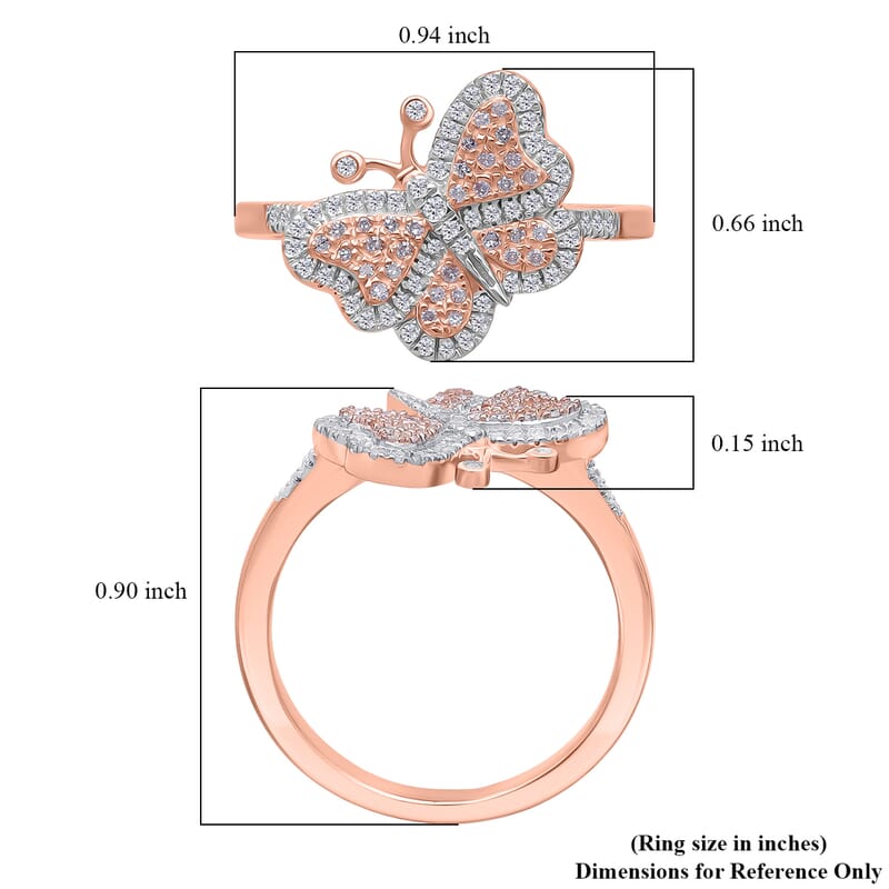 Natural Pink Diamond, White Diamond Butterfly Ring in Vermeil RG Over Sterling Silver 0.35 ctw (Size 11.0)