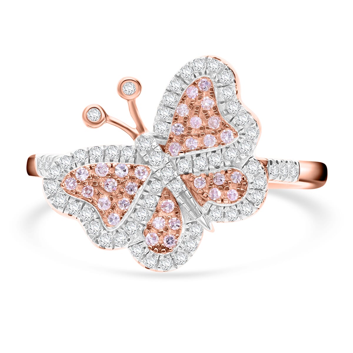 Natural Pink and White Diamond 0.35 ctw Butterfly Ring in Vermeil Rose Gold Over Sterling Silver (Size 6.0) image number 0