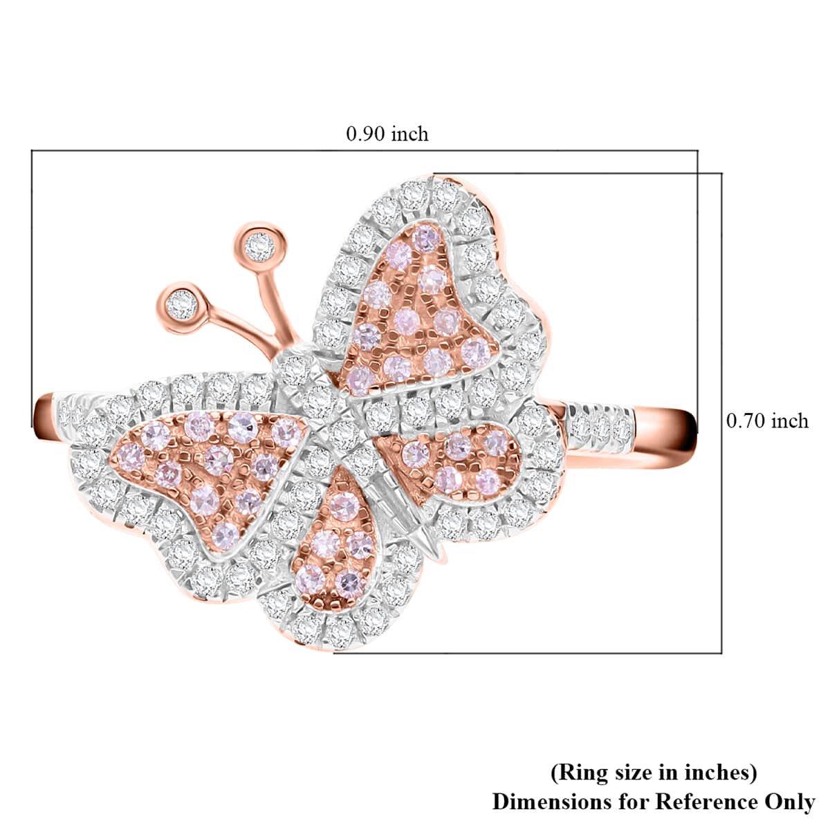 Doorbuster Natural Pink and White Diamond 0.35 ctw Butterfly Ring in Vermeil Rose Gold Over Sterling Silver (Size 8.0) image number 4