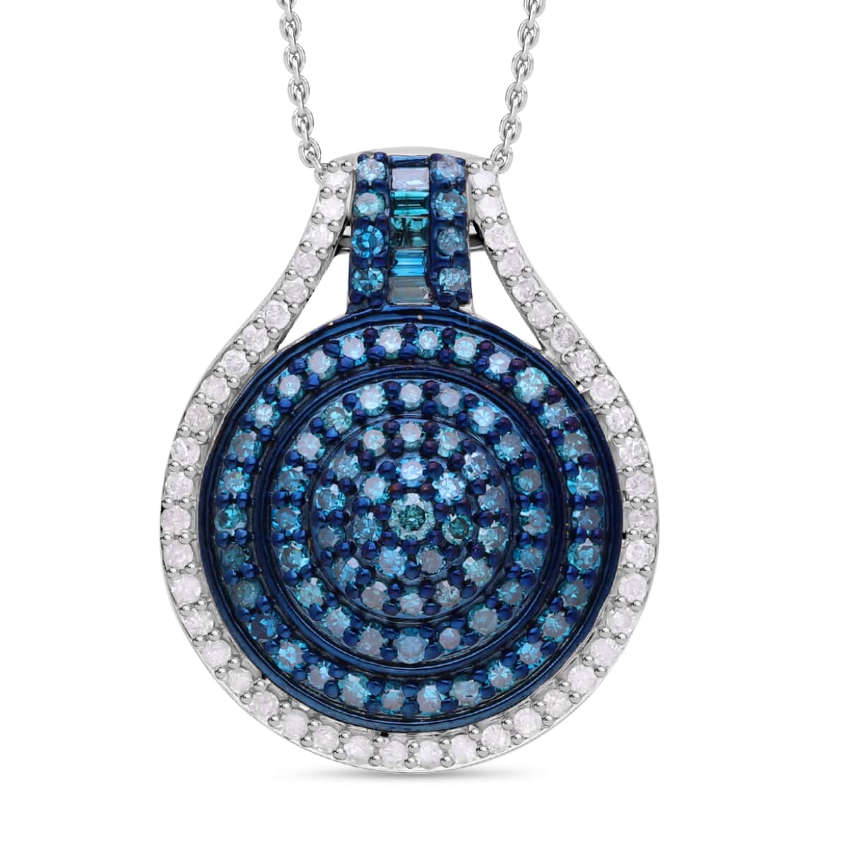 Doorbuster Blue Diamond (IR), White Diamond Pendant in Platinum Over Sterling Silver 1.00 ctw image number 0