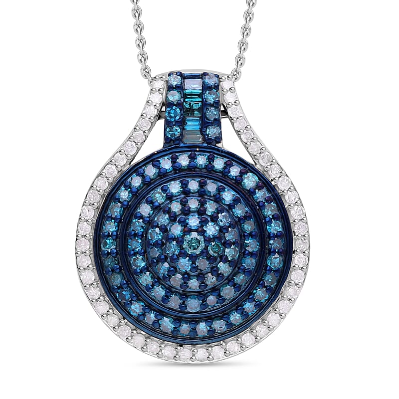 Blue and White Diamond 1.00 ctw Cluster Pendant without Chain in Platinum Over Sterling Silver
